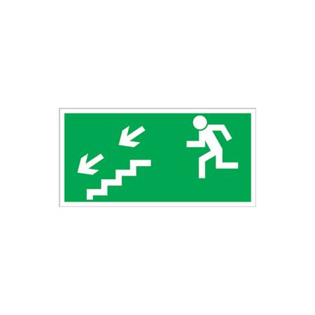 Znak ewakuacyjny „Kierunek do wyjścia drogi ewakuacji schodami w dół w lewo”.