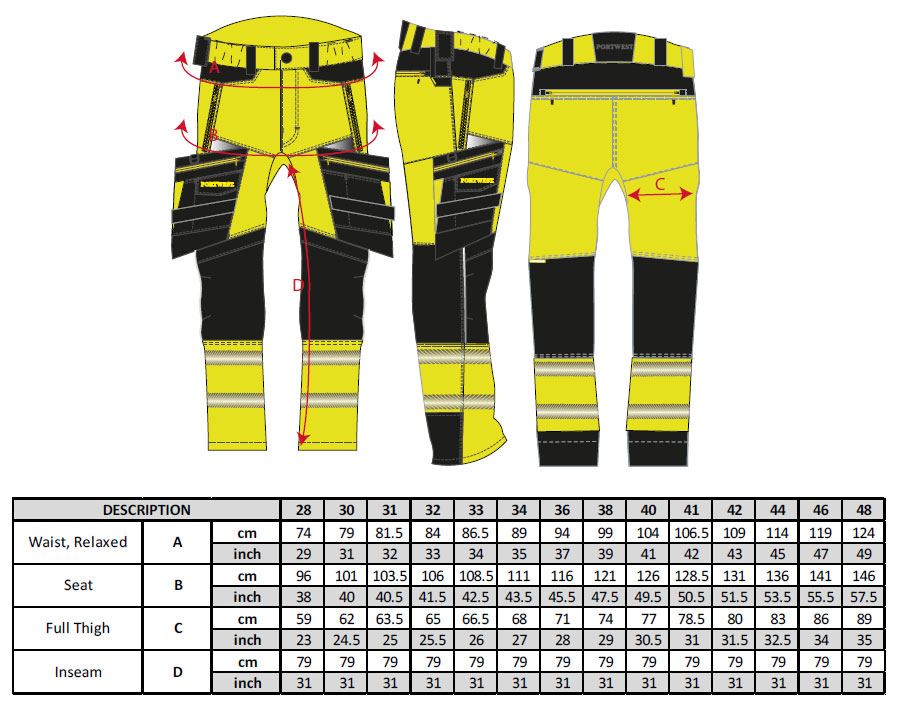 Spodnie robocze monterskie ostrzegawcze DX442 - rozmiary