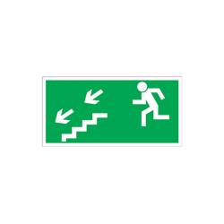 Znak ewakuacyjny „Kierunek do wyjścia drogi ewakuacji schodami w dół w lewo”.